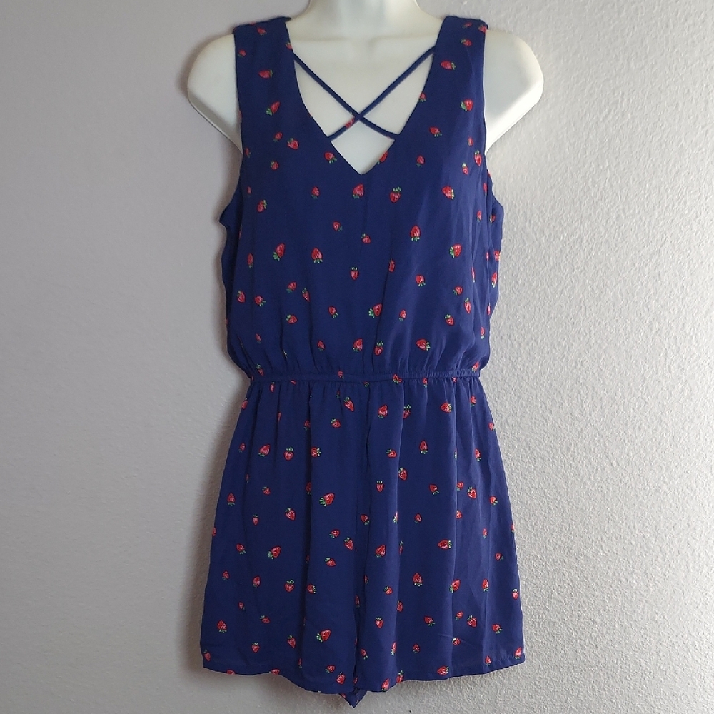 As U Wish Navy Blue Romper with Strawberries Design